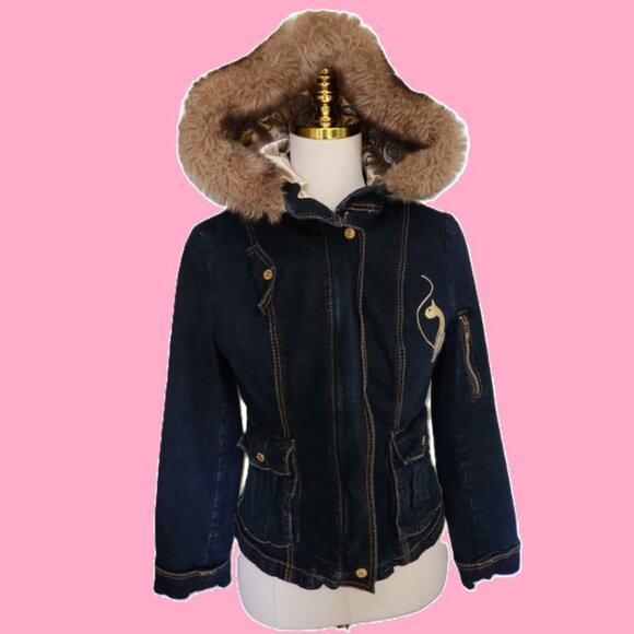 Baby Phat Denim jacket with faux-fur trimmed hood (Dark Denim), Size 2-4, USED - Picture 5 of 16